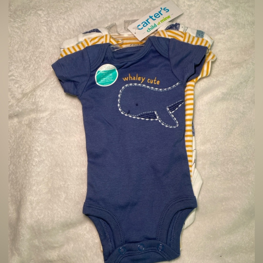 3 Whale and stripe printed onesies sold as a set.